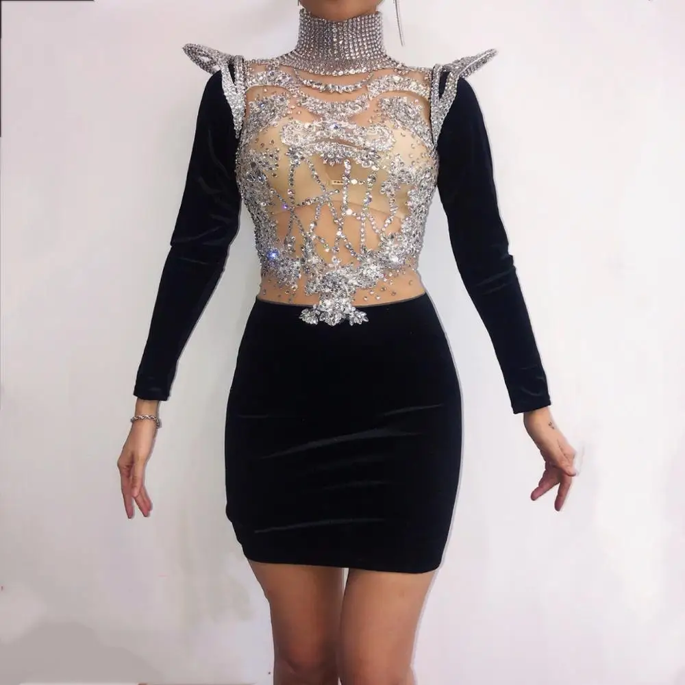 

Соблазнительный костюм с большими камнями, стрейчевый наряд, черное, серебряное, стразы, облегающее платье для женщин, певец, DS-шоу, женская одежда для ночного клуба на день рождения
