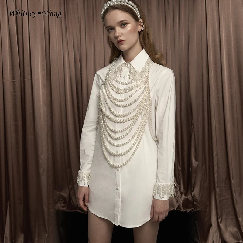 Женское платье рубашка с жемчугом и бахромой большие размеры 5XL|Платья| |