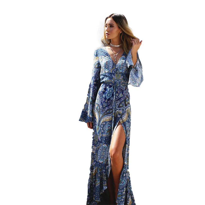 

Robe Femme Vestido Long Maxi Dress Casual Print Petal Long Sleeve V-Neck Summer Bohemian Women Dress Sexy Party Elegant Dress