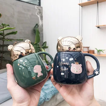 

Cartoon ceramic mug cute bear coffee cup with lid creative trend pot belly tea cup