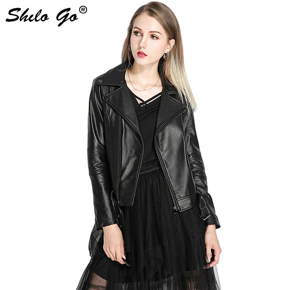 

Genuine Leather Jacket Highstreet Moto Notched Neck Zip Front Buckle Belted Sheepskin Coat Women Autumn Winter Casual Outwear