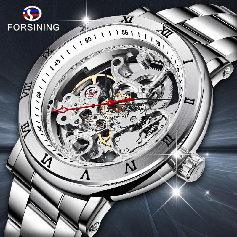 

Forsining Retro Royal Flower Silver Skeleton Clock Red Black Pointers Stainless Steel Mens Automatic Watch Top Brand Luxury