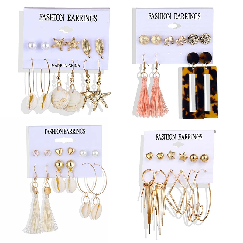 

Mix Design Shell Heart Pearl Tassel Earrings For Women Fashion Leaf Heart Flower Statement Earrings Set 2019 Female Boho Jewelry