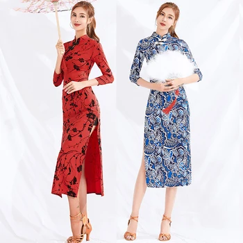 

New Latin Dance Dress Adult Red Cheongsam Dress Stage Show Costume Competition Ballroom Dancing Dress Women Latin Dress BL2568