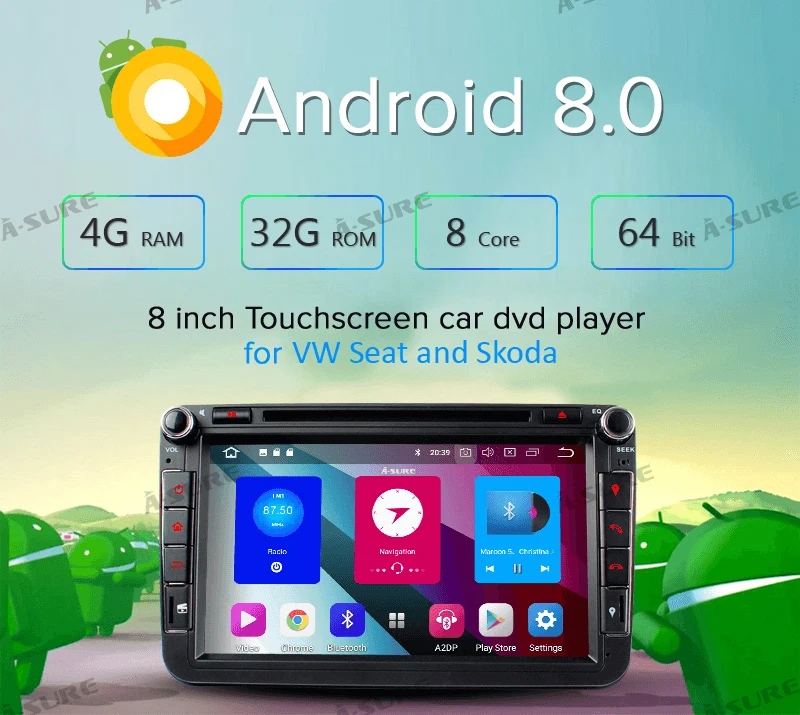 Clearance A-Sure 2 Din 8 Core  Android 8.0 Radio GPS DVD Navigation For Volkswagen VW GOLF MK5 MK6 PASSAT B6 TOURAN Polo Tiguan SEAT SKODA 4