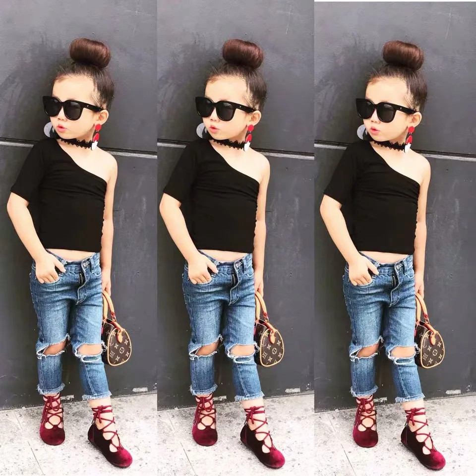 

Summer girls tee baby crop top kids t shirt children streetwear clothes Europe single shoulder short sleeve solid 2 to 9 yrs