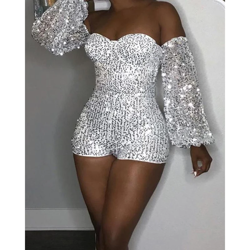 

Off Shoulder Sequin Long Sleeve Romper Women Strapless Sexy Club Outfits Summer Bodycon Playsuit Short Jumpsuits Overalls mujer