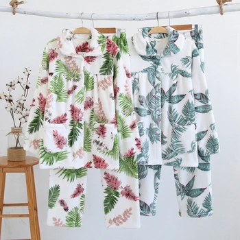 

Flannel Pajamas for Women Winter Thick Warm Tops+Pants Sleepwear Flower-Print Pijama Japanese Home Suit Ladies Pyjama Set Mujer