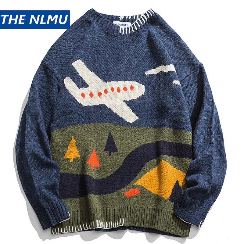 

2019 New Fashion Sweaters Men Streetwear Patchwork Aircraft Pullover Male Harajuku Sweater Loose O-neck Autumn Winter DG452