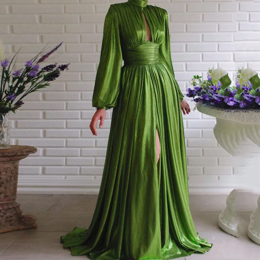 

Green Long Sleeve Evening Party Dress Sexy Halter Hollow Out Long Robe Women 2020 Autumn Pleated High Split Maxi Prom Dresses