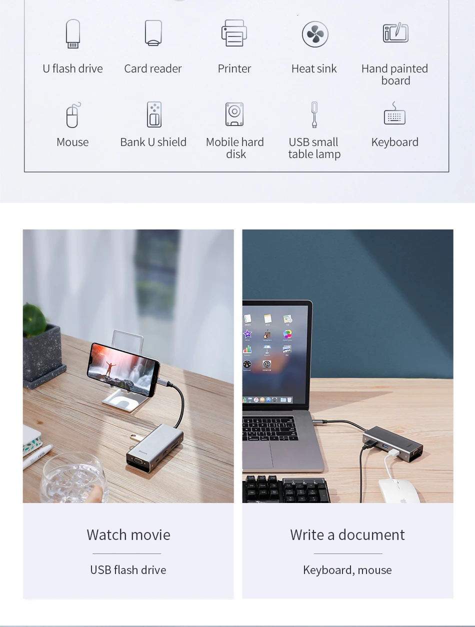Baseus USB C концентратор type C к USB3.0 HDMI VGA RJ45 концентратор Мульти USB 3,0 адаптер питания type-c концентратор для MackBook Pro воздушный USB-C сплиттер