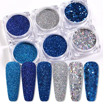 

6Pcs/Set Blue Siliver Colorful Nail Glitters Set Holographics Nail Powder Flake Nail Art Sequins DIY Decoration