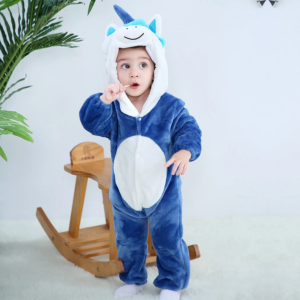 Blue unicorn Зимние детские комбинезоны, новорожденный, младенец, одежда для малышей, животные, мультфильм стежка, мальчики, девочки, кигуруми, пижамы, костюмы-комбинезоны для малышей - Цвет: Blue unicorn
