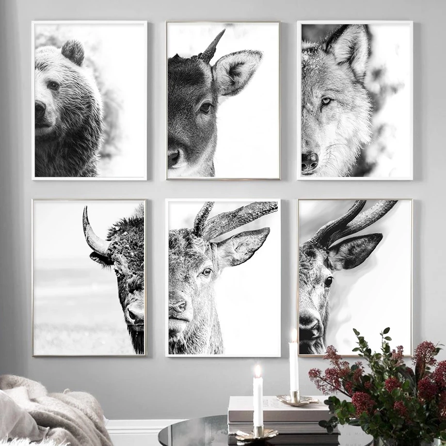 Black White Half Animal Face Canvas Painting Bear Deer Wolf Wall Art Posters And Prints Nordic Pictures For Living Room Decor Painting Calligraphy Aliexpress