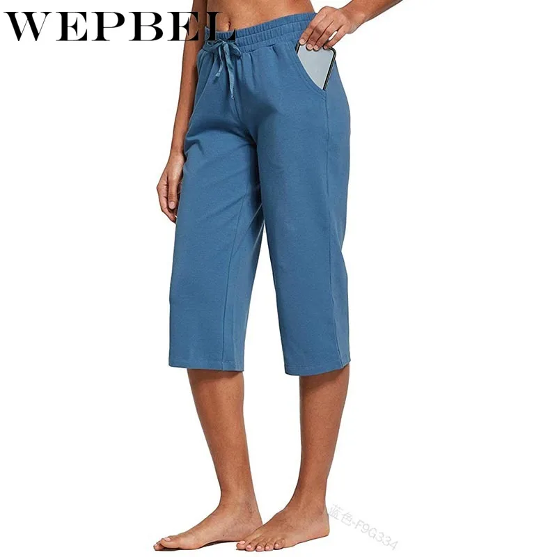 

WEPBEL Women's Casual Straight Calf-Length Pants Summer Solid Color Lace-up Mid-Waist Pants