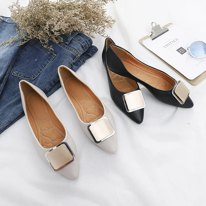 

Shoes Women's 2019 New Style Korean-style Fashion Pointed Shoe Square Buckle Large Size Small WOMEN'S Flat Shoes