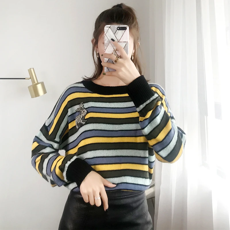 

Women Sweater Plus Size Color Block Striped Jumper Rhinestones Beading Rabbit Pullovers Loose Long Sleeve Knitted Top Casual