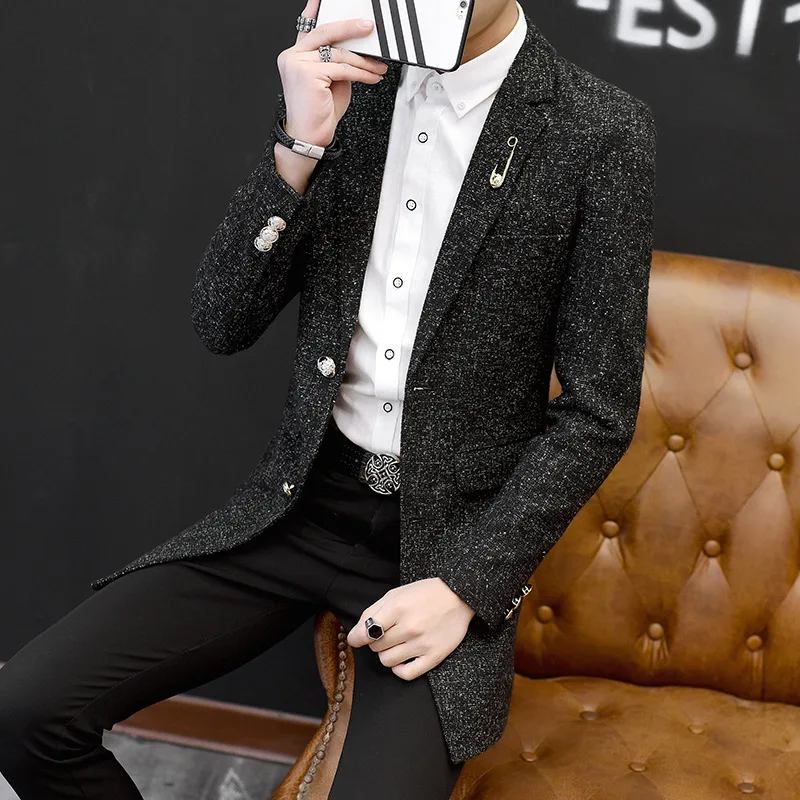 Весна стиль корейский стиль Slim Fit мужской повседневный костюм шерстяное мужское пальто средней длины поколение жира