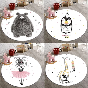 

Cartoon Animals Living Room Area Rugs Bear Giraffes Pattern Baby Round Floor Mat Children Playing Nordic Bedroom Bedside Carpet