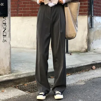 

SHENGPALAE 2020 New Fashion Women's Office Ladies Loose Slimming Casual Straight Button High Waist Solid Color Suit Pants ZA4594