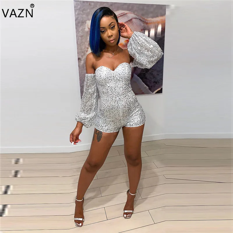 VAZN SN4902 New Open Heavy Industry Sequined Fashion Strapless Full Sleeve Solid High Waist Sexy Club Women Slim Playsuits