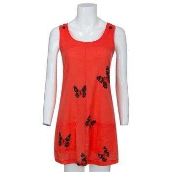 

Newly Women Butterfly Pattern Button Crew Neck Sleeveless Mini Dress with Pocket for Summer FIF66