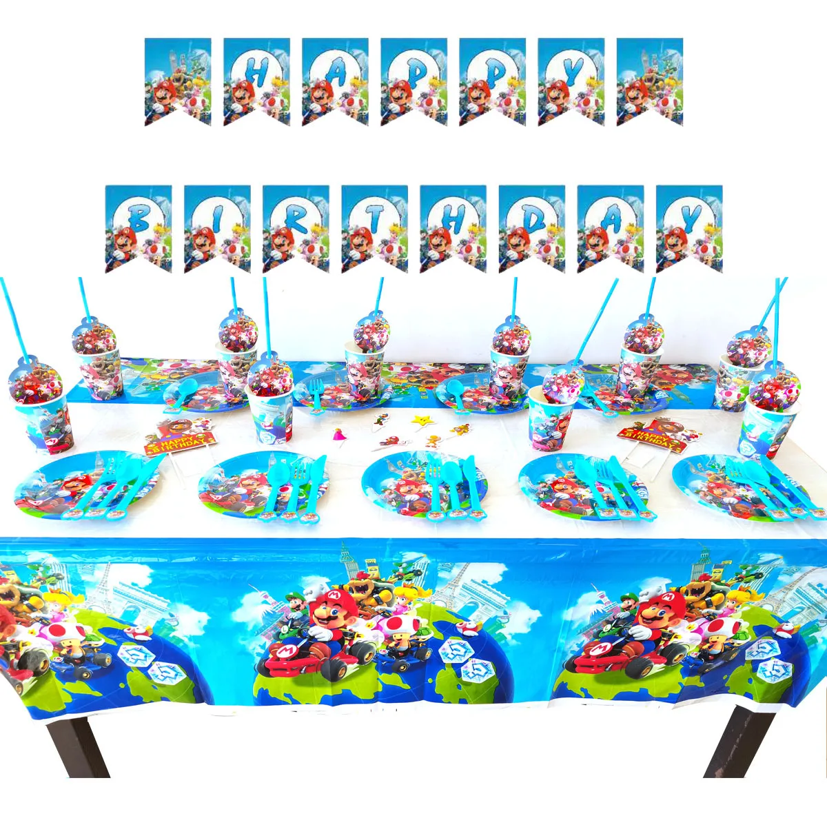 De dibujos animados Super Mario Odyssey tema niños suministros de fiesta de cumpleaños Banner de ducha de bebé de los niños fiesta de cumpleaños Shower festejo Decoración