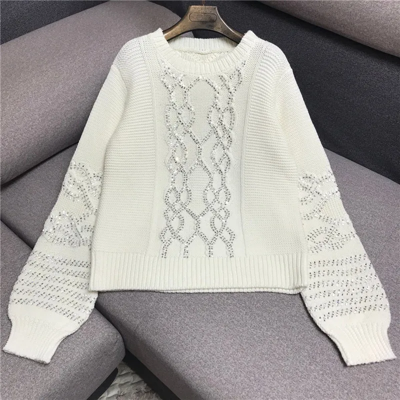 

Aristocratic Temperament Heavy Industry Hot Drilling Round-Neck Sweater Women's Sequined Knit Sweater High-End Women's Clothing