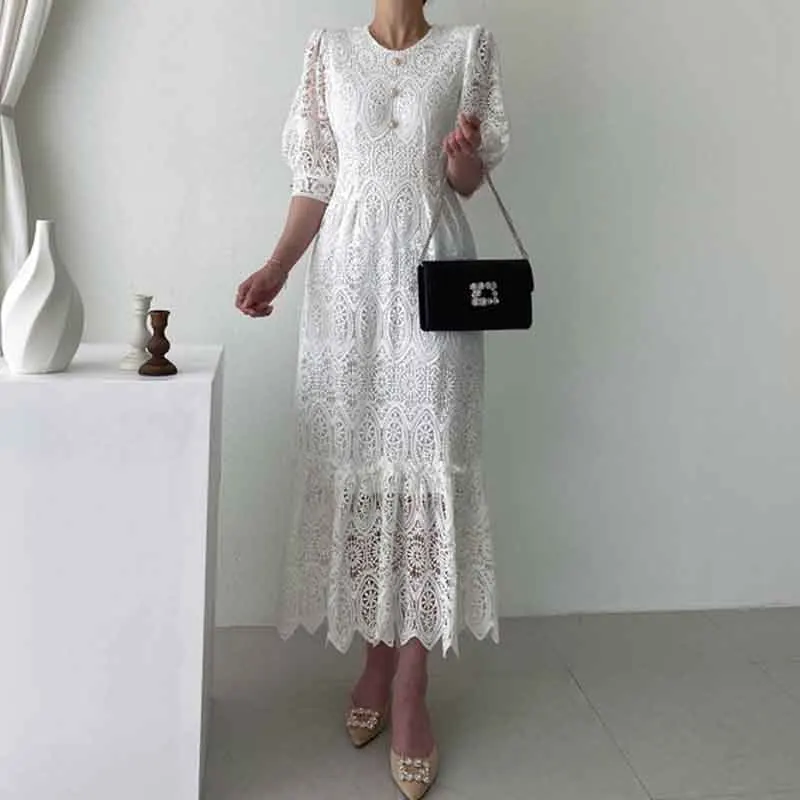 

Women Dress High Waist Midi Dress Fashion Casual 2020 Summer New Chic O-Neck Dress Retro Elegance Openwork Lace Dresses