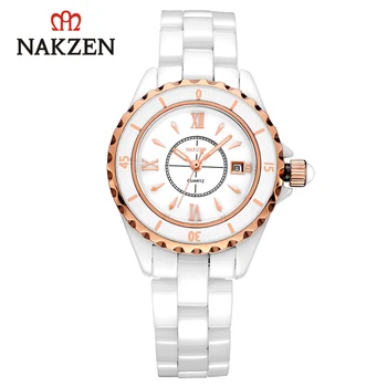 

Women Watch Quartz Japanese Movement Waterproof Ceramic Shell Strap Mother of pearl Dial Rose Gold Case Female Clock NAKZEN 1005