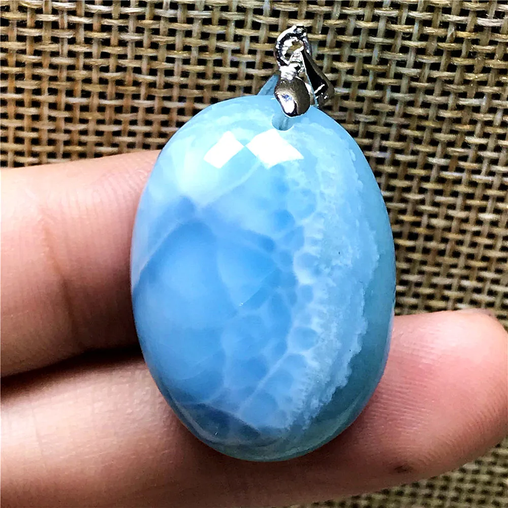 

Necklace Pendant Natural Blue Larimar Jewelry For Woman Man Crystal 27x10x10mm Beads Silver Water Pattern Dominica Stone AAAAA