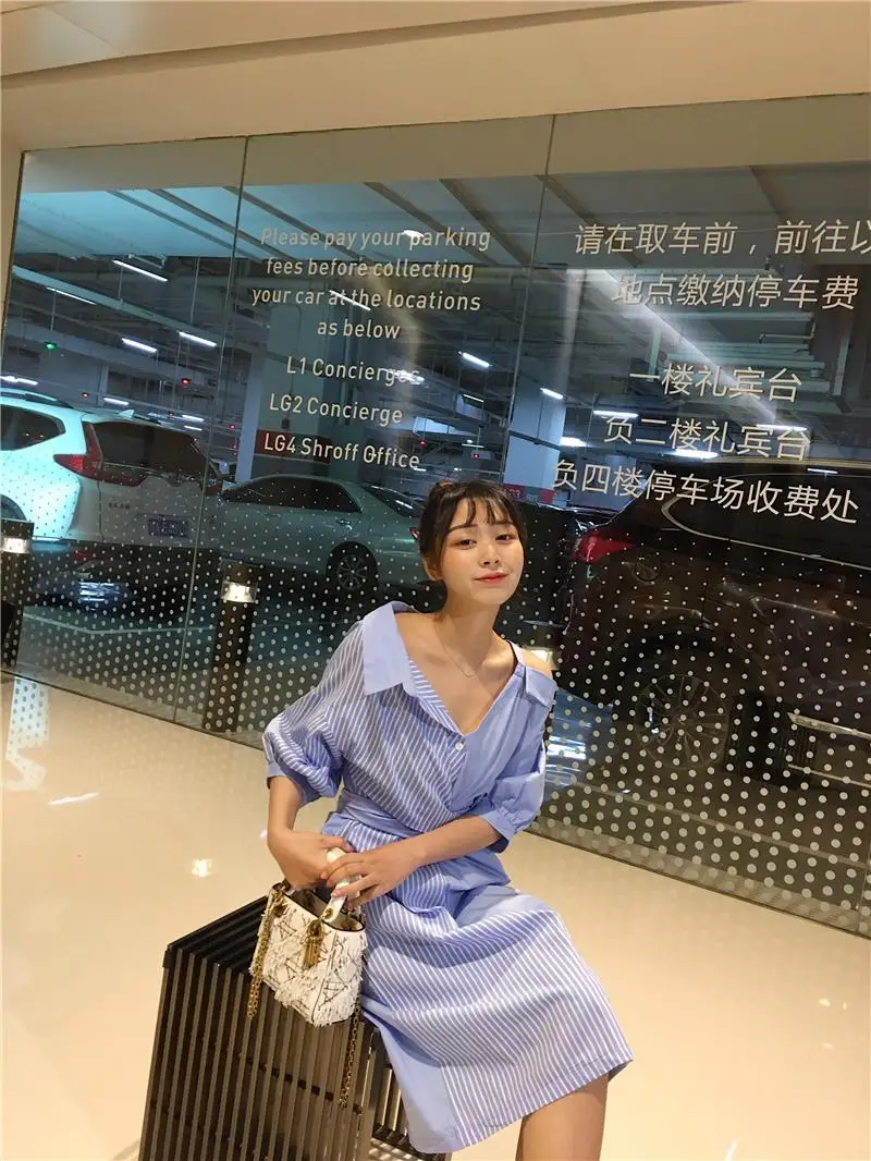 Women Striped Belt Asymmetric Bow Patchwork Drersses New High Street Off Shoulder Design Female Shirt Dress Vestidos DV574