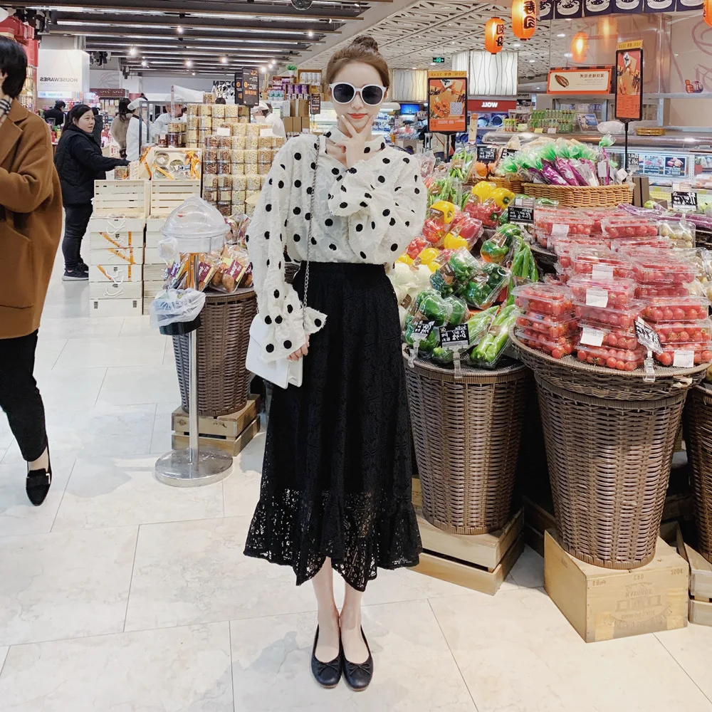 

Photo Shoot 2019 Spring New Style Korean-style Retro Laziness-Style Polka Dot Tops + Lace Skirt Two-Piece Set WOMEN'S Suit