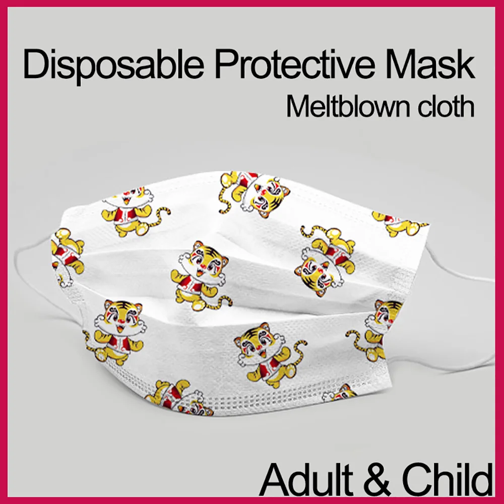 

50/100/150/200Pcs Adult Child Disposable Mouth Masks Cute Cartoon Tiger Print Masque 3Layer Filter Protective Breathable Mascara