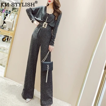 

Jumpsuits For Women Elegant Plus Size Long Female Overalls Korean V-neck Bright Long-sleeved High Waist Jumpsuit With Belt