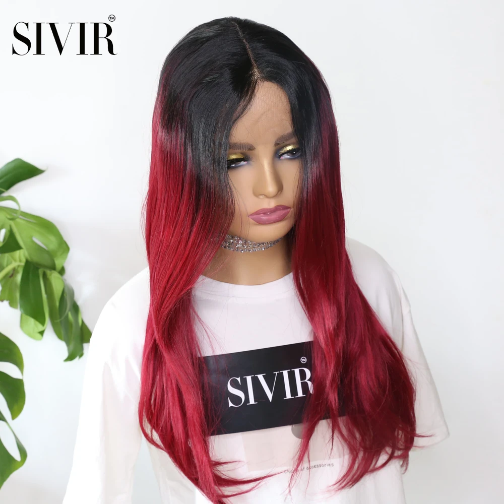 

Sivir 18inch Synthetic Hair Wigs Long Silk Straight Lace Front Middle Part For Women Red/Ombre Pink Color Cosplay Wig