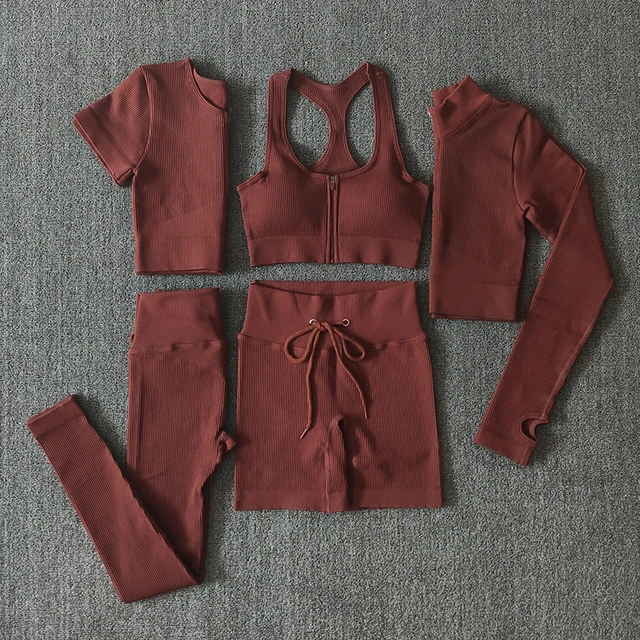 Seamless Women Yoga Set Workout Sportswear Gym Clothing Zipper Long Sleeve High Waist Leggings Fitness Bra Athletic Sports Suits 5PCSBrown