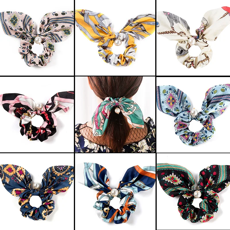 Printed Bowknot Pearl Hair Rope Hair Ties Ponytail Ribbon Tassel Colorful Hair Scrunchie Flower Headband  Women Hair Accessories