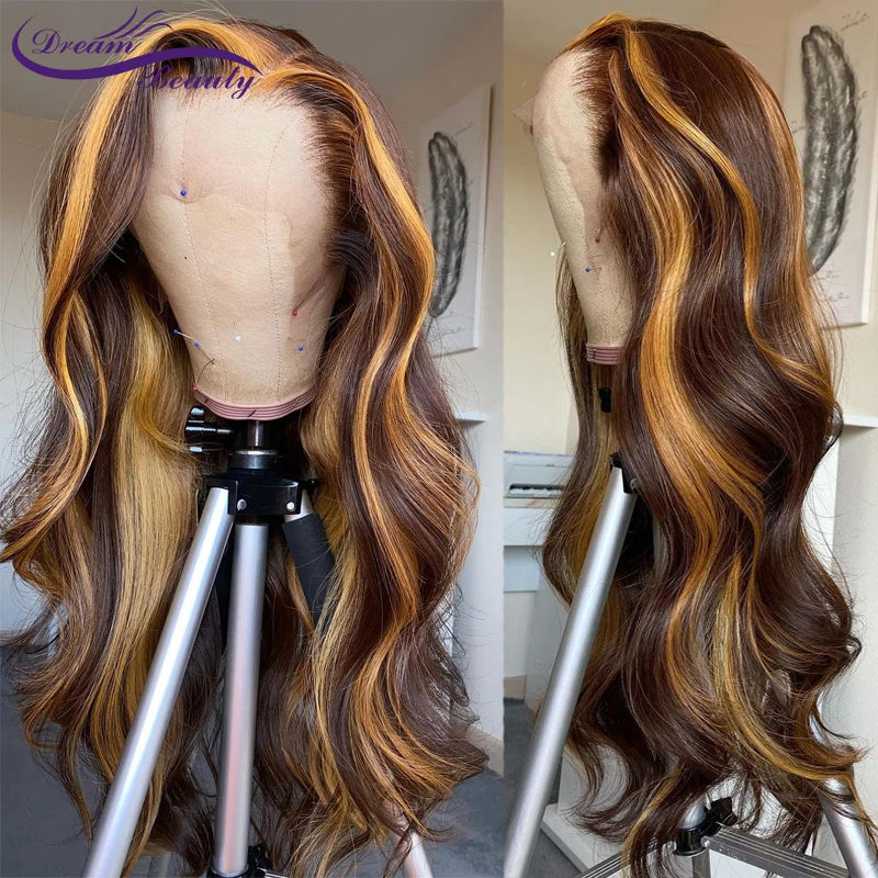 Highlight Blonde 13X4 Lace Front Wigs 180% Brazilian Remy Wavy Human Hair Wigs For Women #4/27 Blonde 4x4 Lace Closure