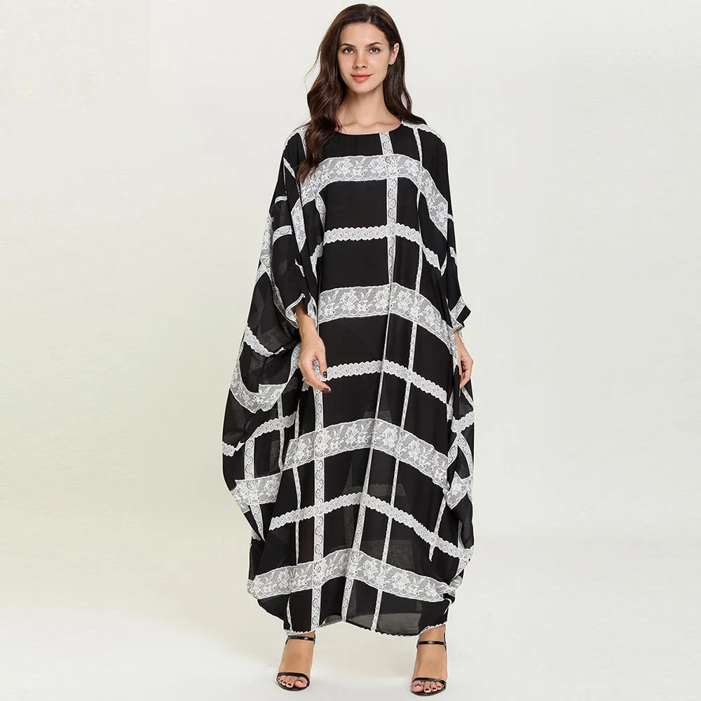 

Plus Size Muslim Abayas Women Lace Plaid Casual Loose Maxi Long Beach Sun Dress Elegant Clothes Ladies Dresses Black Oversized