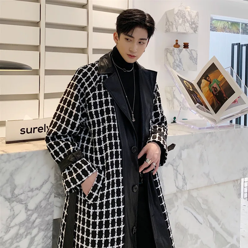 Men Leather Splice Plaid Wool Coat Windbreaker Male Women Streetwear Vintage Fashion Belt Long Overcoat Jacket Lovers Outerwear Men Leather Splice Plaid Wool Coat Windbreaker Male Women Streetwear Vintage Fashion Belt Long Overcoat Jacket Lovers Outerwear