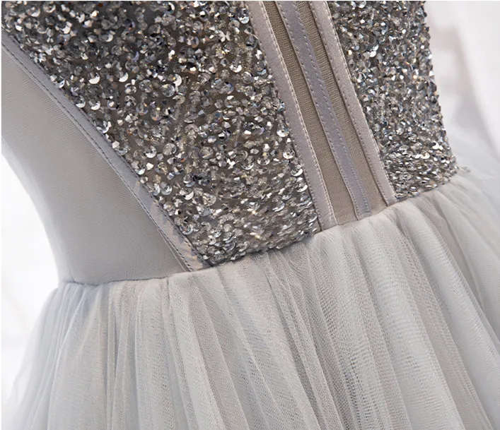 Сексуальное вечернее платье с v-образным вырезом, Robe De Soiree, высокое качество, Серый Тюль с бисером, вечерние платья, длинное платье, vestido de festa