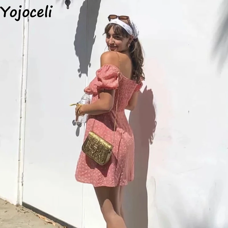 Yojoceli, элегантное клетчатое платье с открытыми плечами и пуговицами, женское летнее сексуальное короткое Повседневное платье с цветочным рисунком, вечерние платья, милое Повседневное платье vestidos