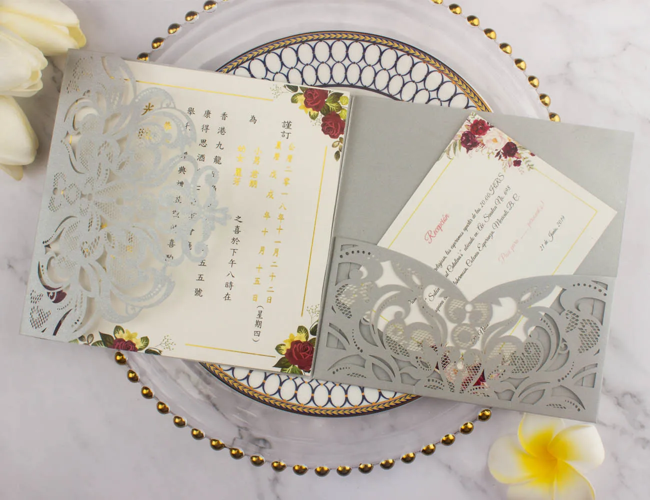 10pcs/lot pearl paper square pocketfold cards Laser Cut Wedding invitation Cards three folded Greeting cover for party supplies - Цвет: dark grey