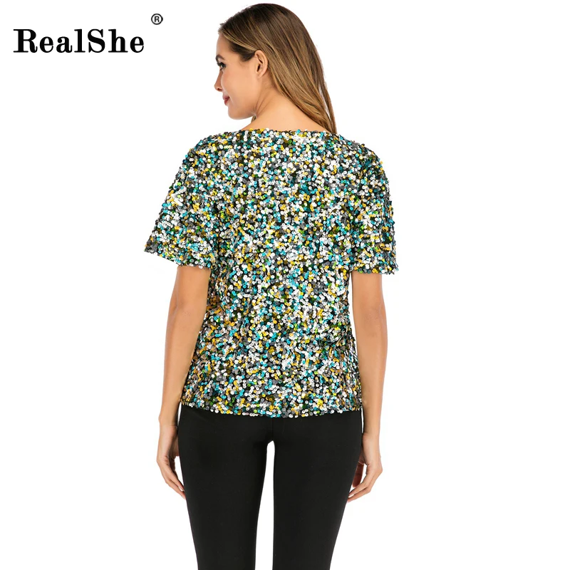 RealShe женские футболки с круглым вырезом и коротким рукавом, женская футболка с блестками, Осень-зима, Повседневные Вечерние женские футболки