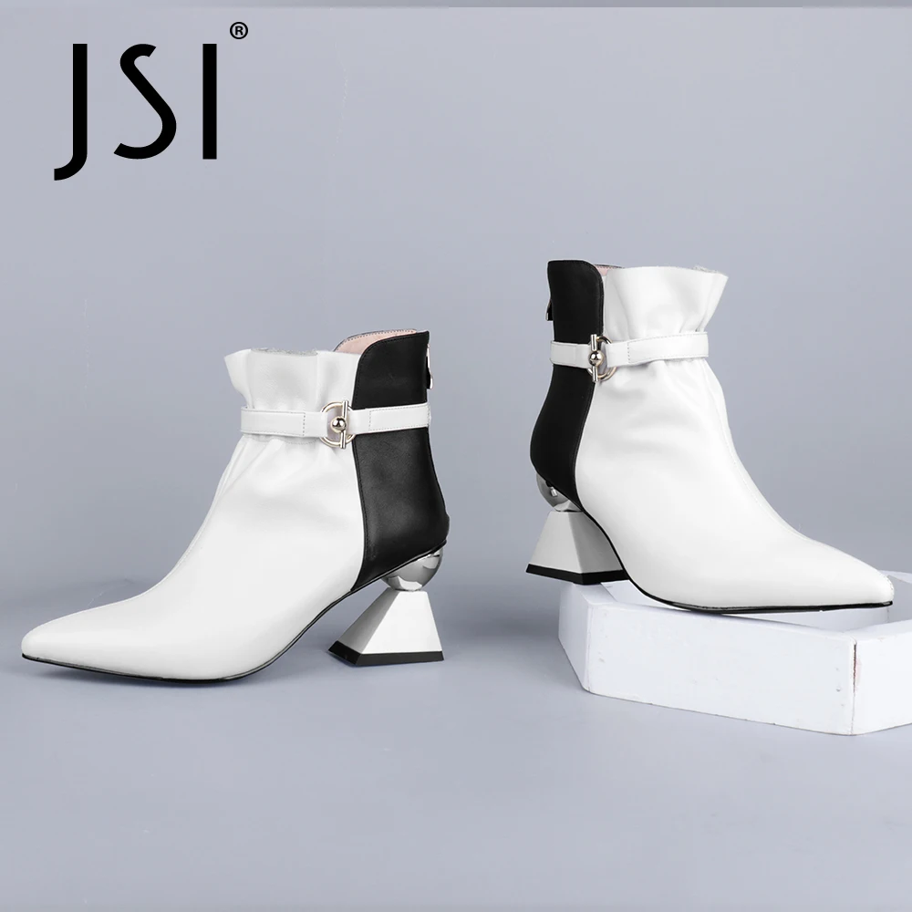 

JSI Ankle Boots Woman Patchwork Pointed Toe Genuine Leather Ankle Boots Ladies High Strange Heel Metal Elastic Boots JC790