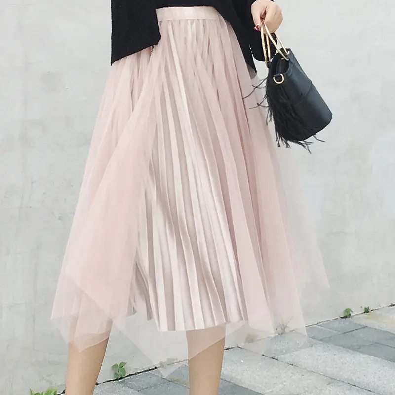 Qiuxuan Двусторонняя длинная юбка из тюля Женская плиссированная юбка черная Эластичная Высокая талия Асимметричная сетчатая юбка женская повседневная юбка средней длины