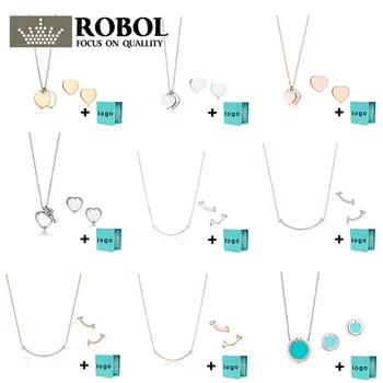 

Original 925 Sterling Silver Heart-shaped Necklace Earring Set with Original Engraved Woman Classic Jewelry Gift Free Shipping