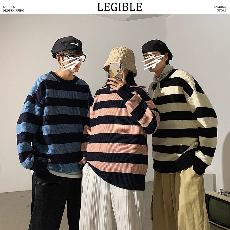 LEGIBLE Striped Men Sweaters 2021 Autumn Korean Style Men's Pullovers Harajuku Streetwear Male Clothing Couple Sweater