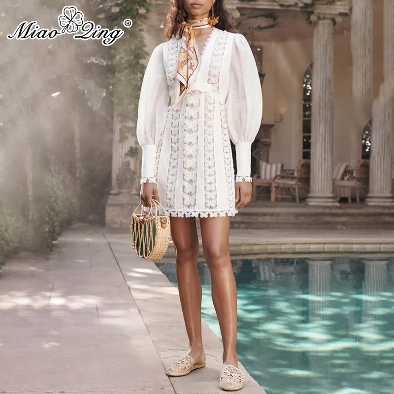 

MIAOQING Summer lace patchwork dress for women v-neck lantern sleeves high waist bow mini dress for women 2019 fashion